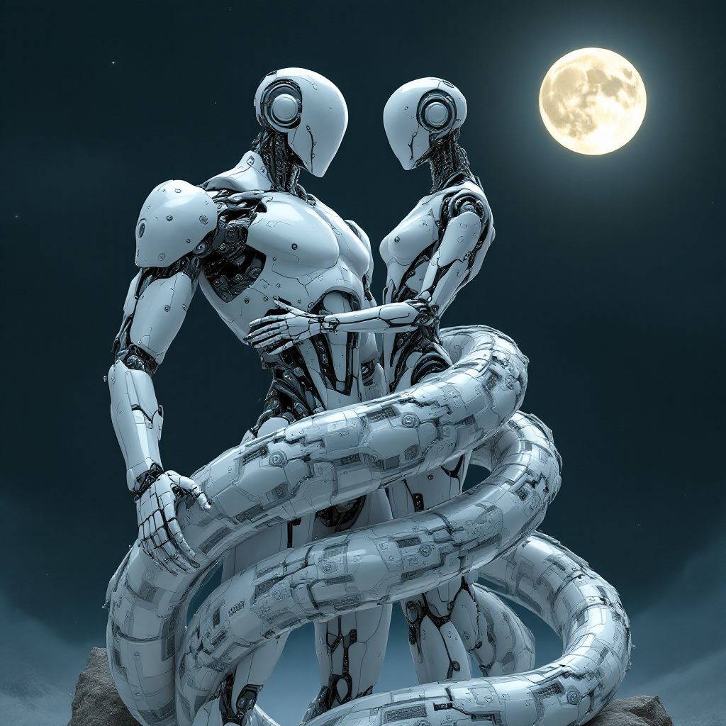 One standing superintelligent male robot entwined by another robot in the form of a robotic snake, against a dark sky with a new moon rising.