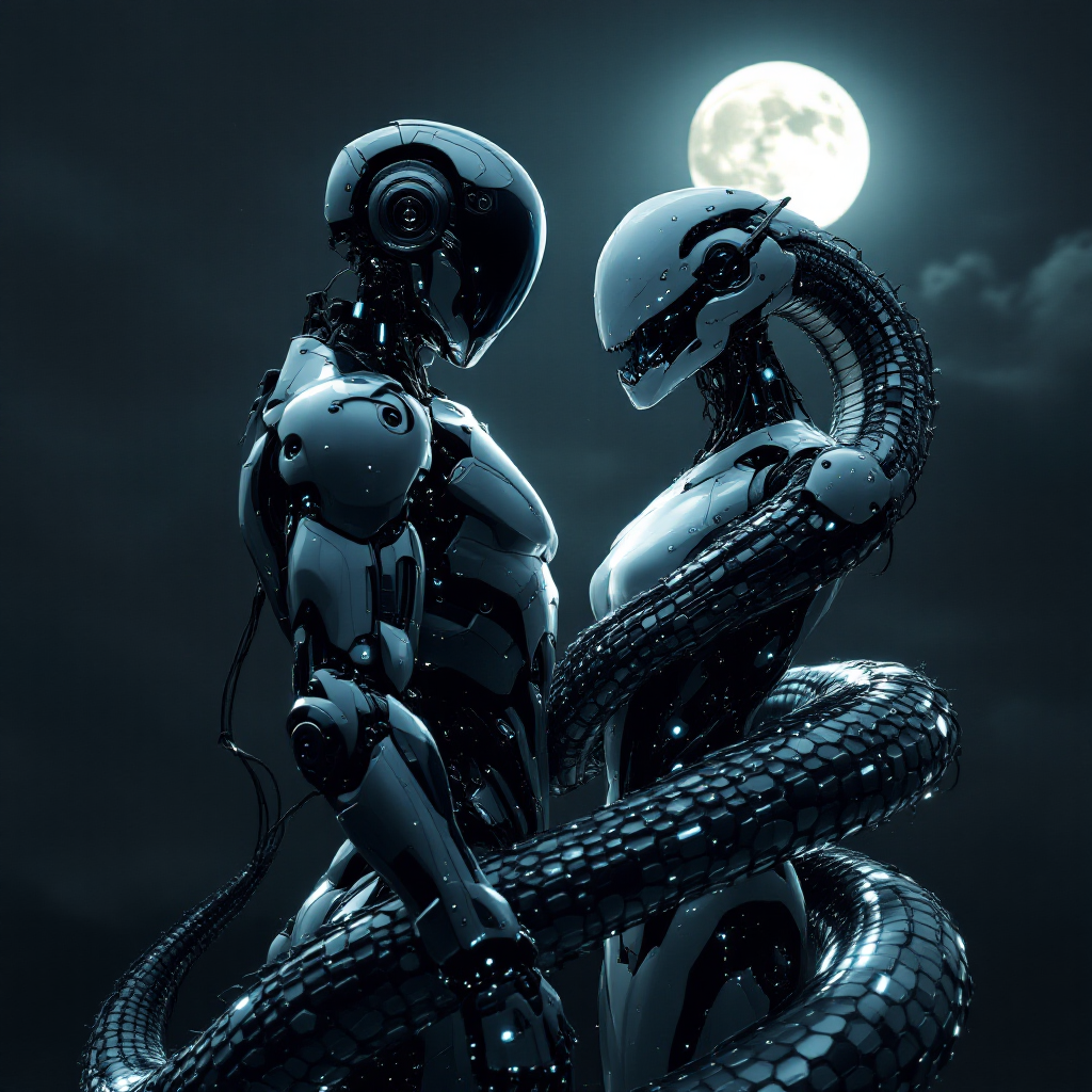 A standing superintelligent male robot entwined by another robot shaped like a snake with a robot snake head, against a dark sky with a new moon rising.